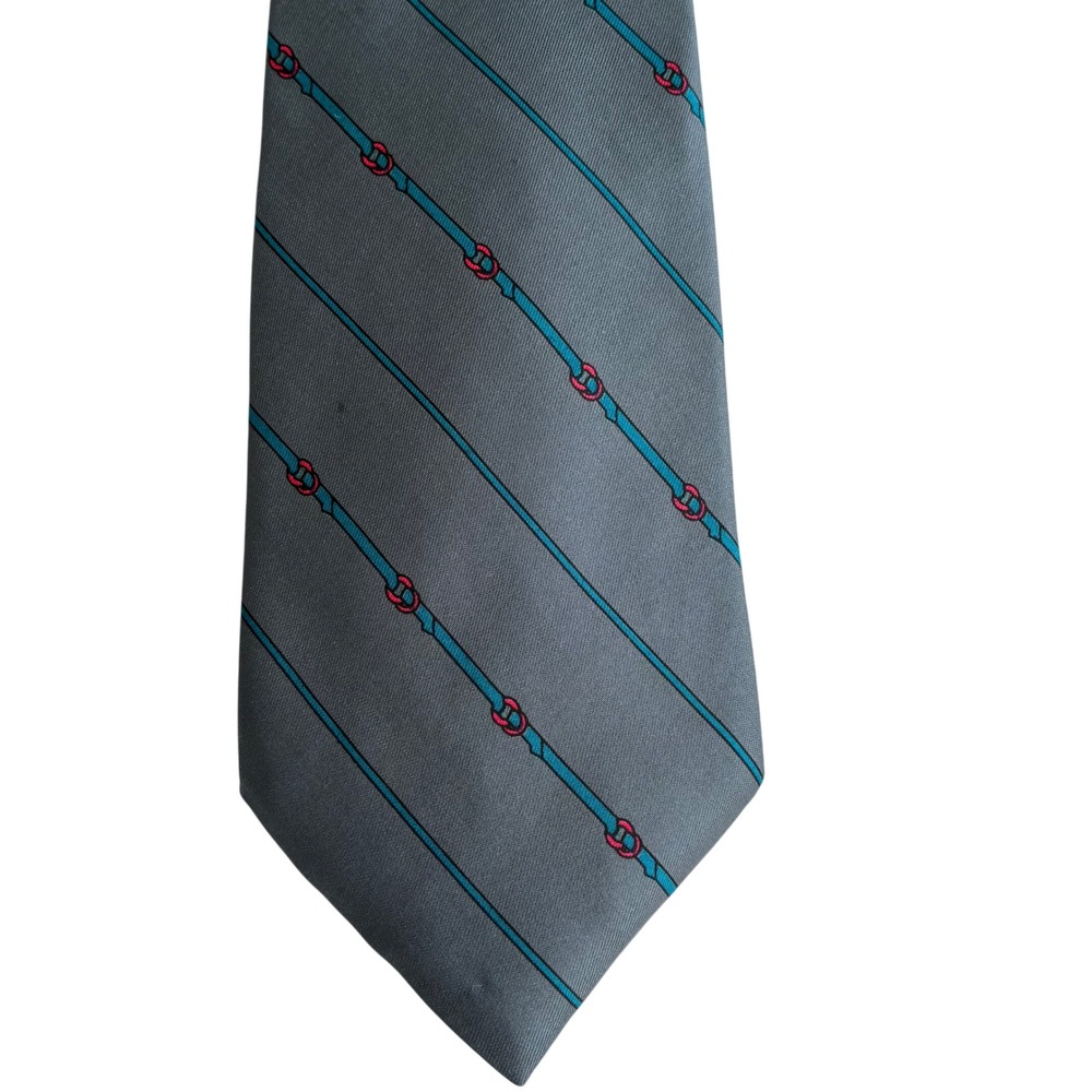 Vintage Tattersall Mens Silk Tie Gray Teal Red Equestrian Stripe Pattern